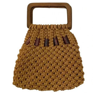 Vintage Womens Handmade Woven Jute Handbag Purse Wooden Handle Wooden Beads Boho